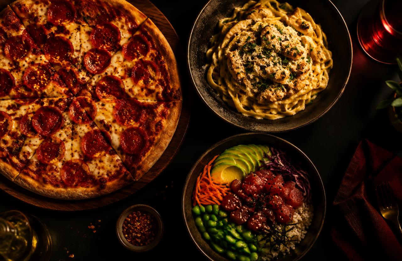Pizza, massa e poke servidos à mesa
